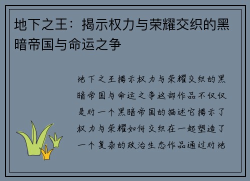 地下之王：揭示权力与荣耀交织的黑暗帝国与命运之争